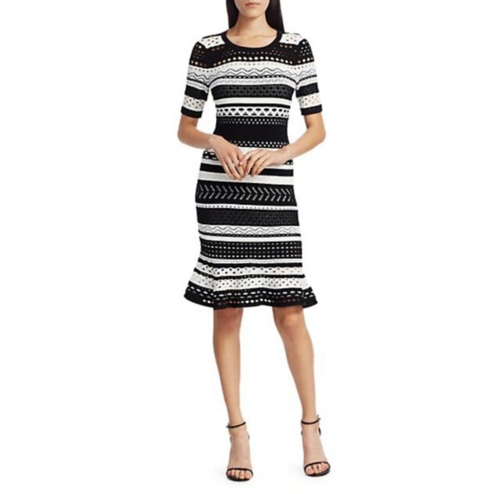 Milly Sweater Dress L Black White Striped Pointelle Crochet Fitted Flounce Hem